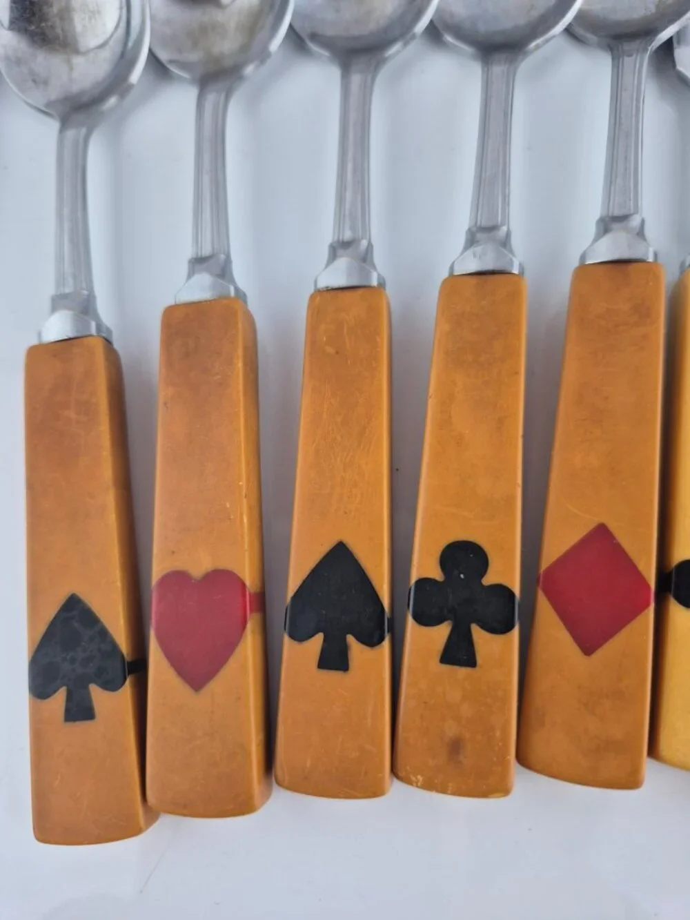 Art Deco Bakelite Flatware Inlaid Playing Card Suits 3 forks, 7 knives 7 spoons